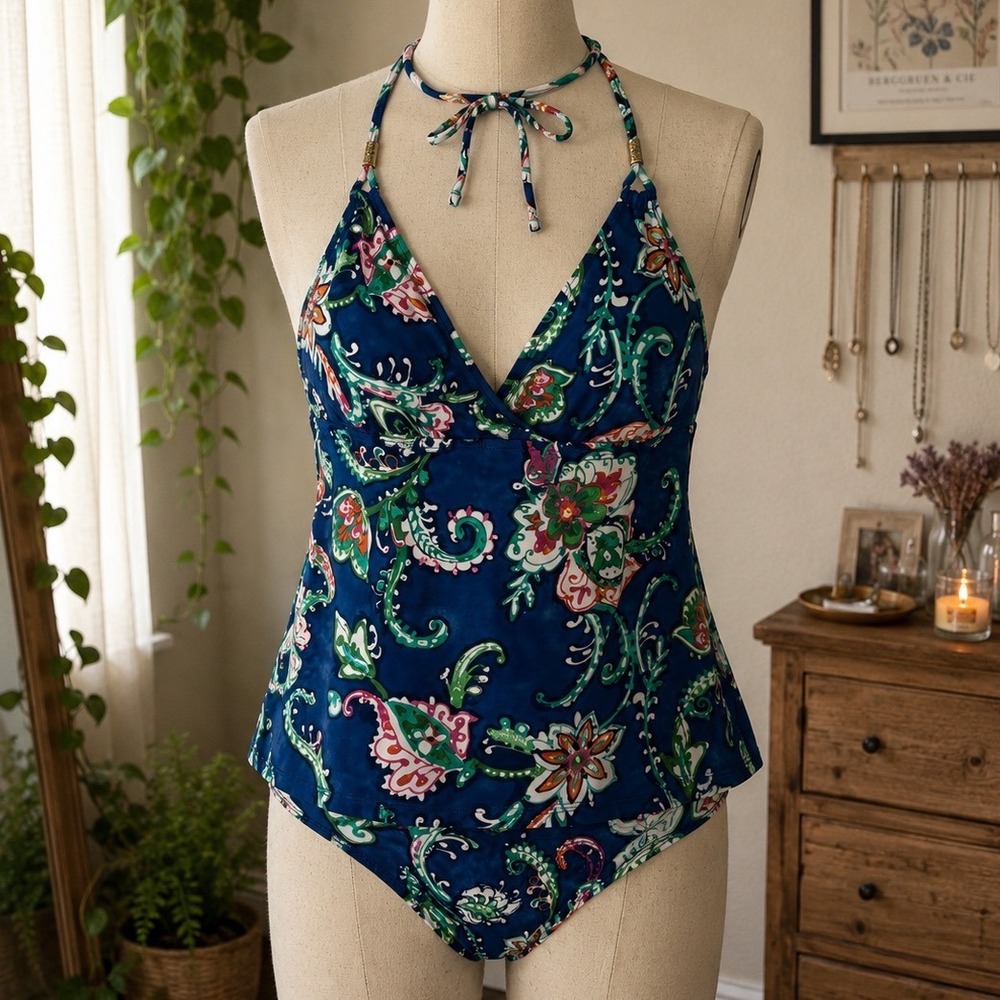 Lauren Ralph Lauren Womens Tankini Swimsuit Paisley Floral Blue 12